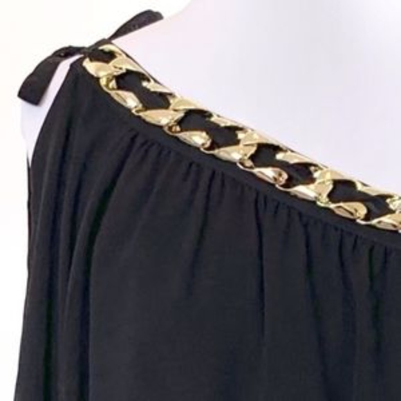 Julie Brown NYC Chiffon Sheer Black One Shoulder Blouse Gold Chain 100% Silk - Picture 3 of 8